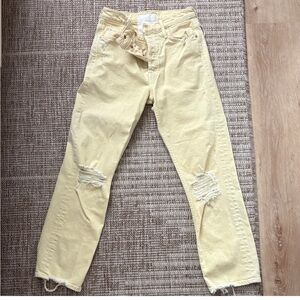 MOTHER Pale Yellow Distressed Cropped Jeans